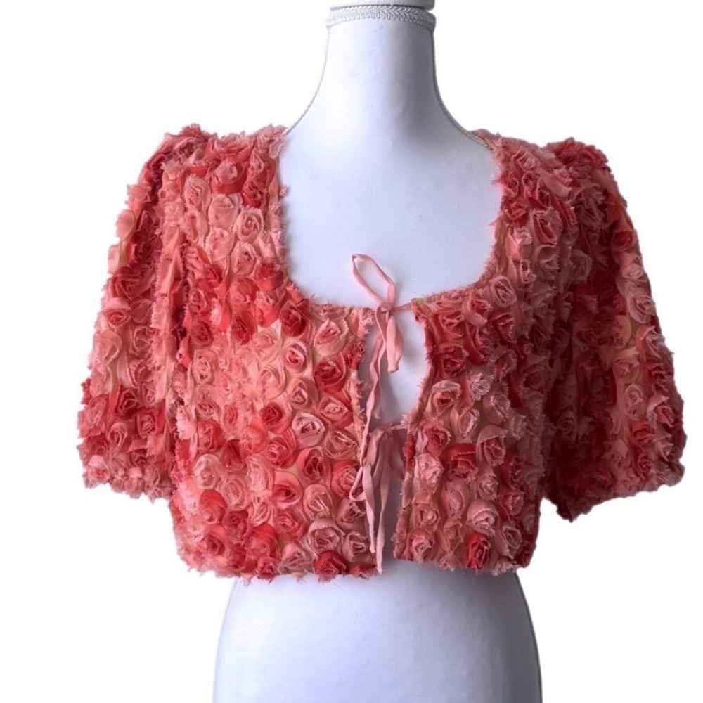 Cottagecore Pink Rosette Bolero Jacket Top Floral Chiffon Coquette Whimsy Small